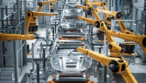 Robotic arms assemble car frames on a high-tech automotive production line