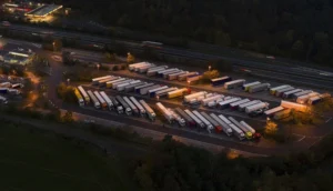 Aerial view of a large, well-lit UK truck stop at night with rows of parked lorries and surrounding service station buildings near a motorway
