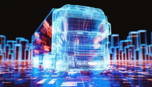 A digital wireframe of a truck is shown against a futuristic cityscape