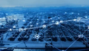 A digitally enhanced image of a busy shipping port with containers and cranes, overlaid with connected digital icons