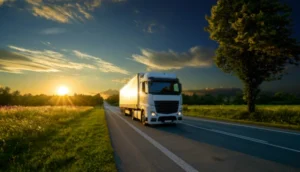 A large white truck driving down a rural road at sunset