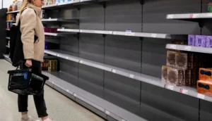 A woman holding a shopping basket stands in front of nearly empty supermarket shelves
