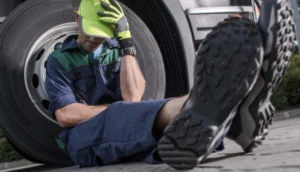 Tired truck driver in uniform sitting on the ground next to a large truck tire