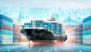 A large cargo ship loaded with colorful shipping containers is docked at a port, surrounded by digital overlays representing cloud-based technology and data integration