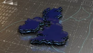 A 3D-rendered map of the United Kingdom sits atop a digital grid with topographic lines
