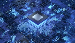 A glowing computer microchip sits at the center of a complex circuit board, symbolizing advanced semiconductor technology